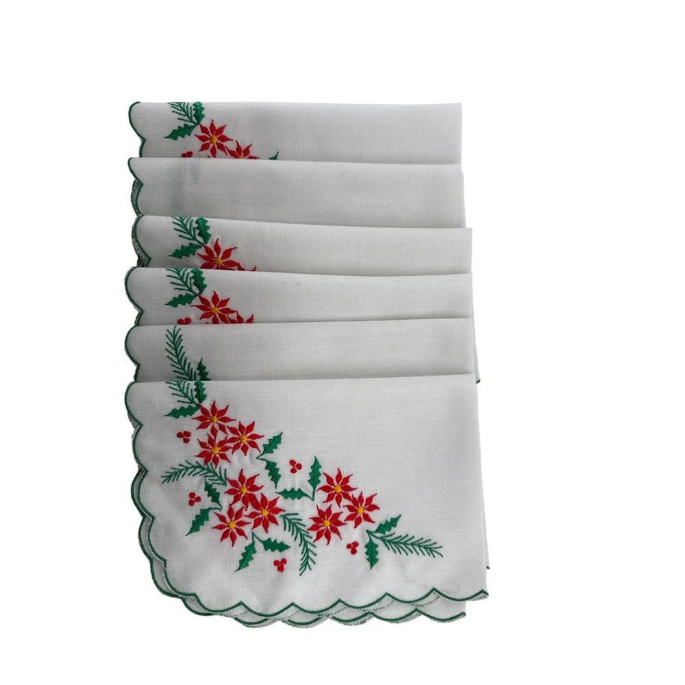 Tablecloth Placemat Napkin Coaster Poinsettia Christmas Embroidered Scallop